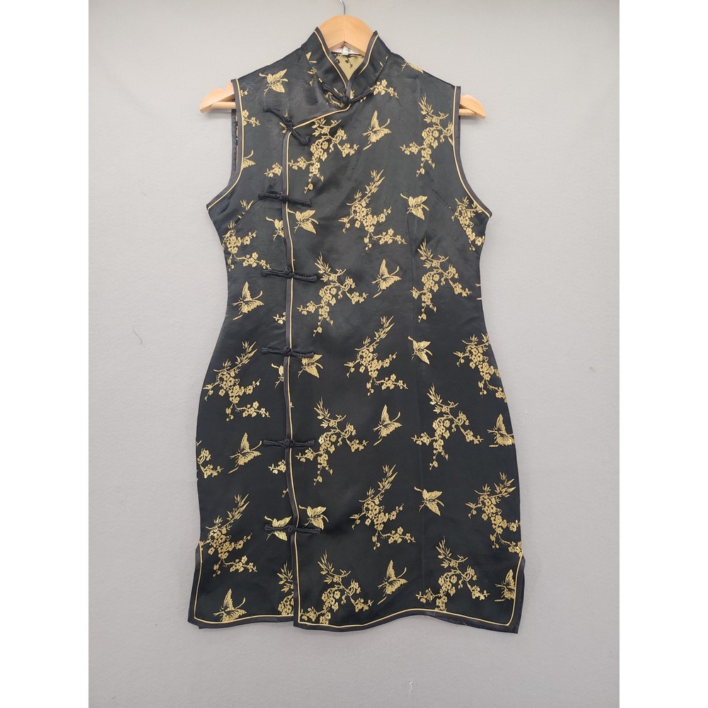 Laogudai Black Gold Butterfly Floral Brocade Cheongsam Qipao Dress Sleeveless VT